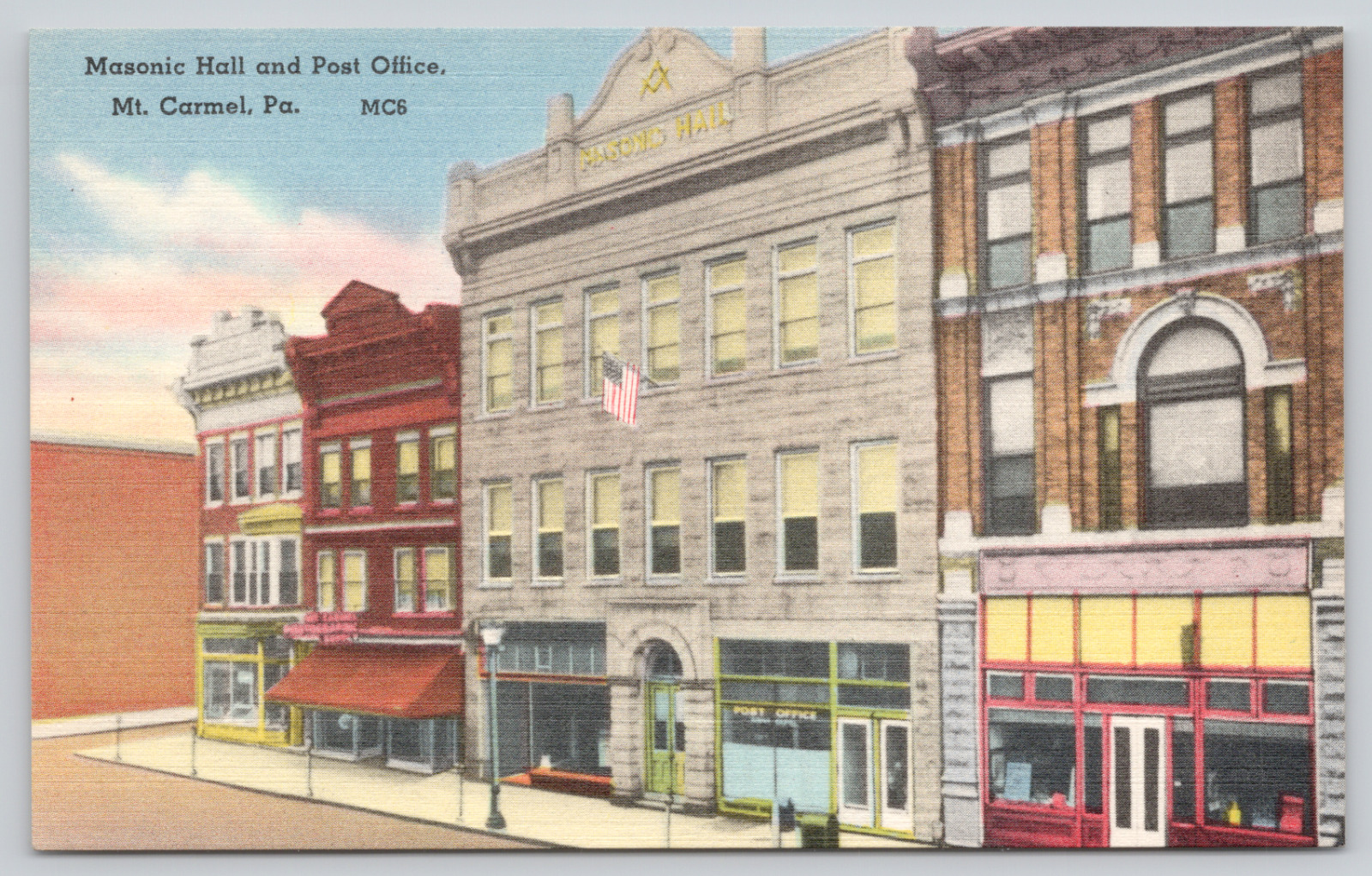 Postcard Mt. Carmel, Pennsylvania, Masonic Hall and Post Office, Linen A984