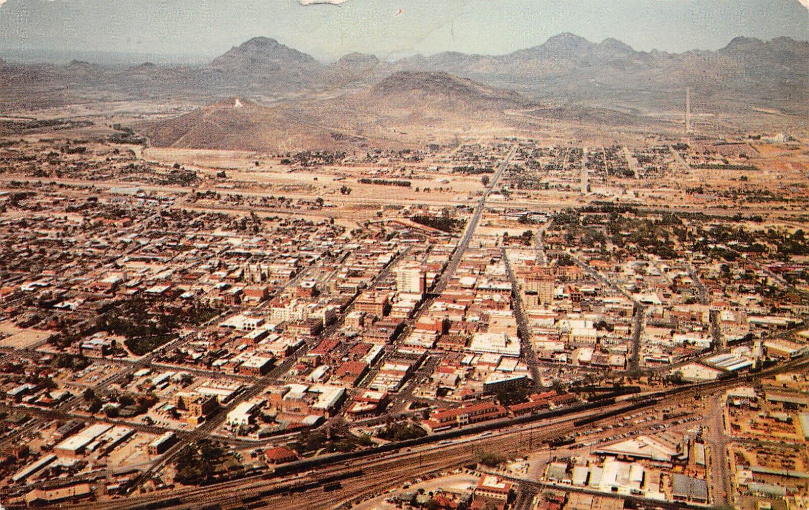 Tucson AZ Arizona Train Railroad Station Depot Downtown Aerial Vtg Postcard A64