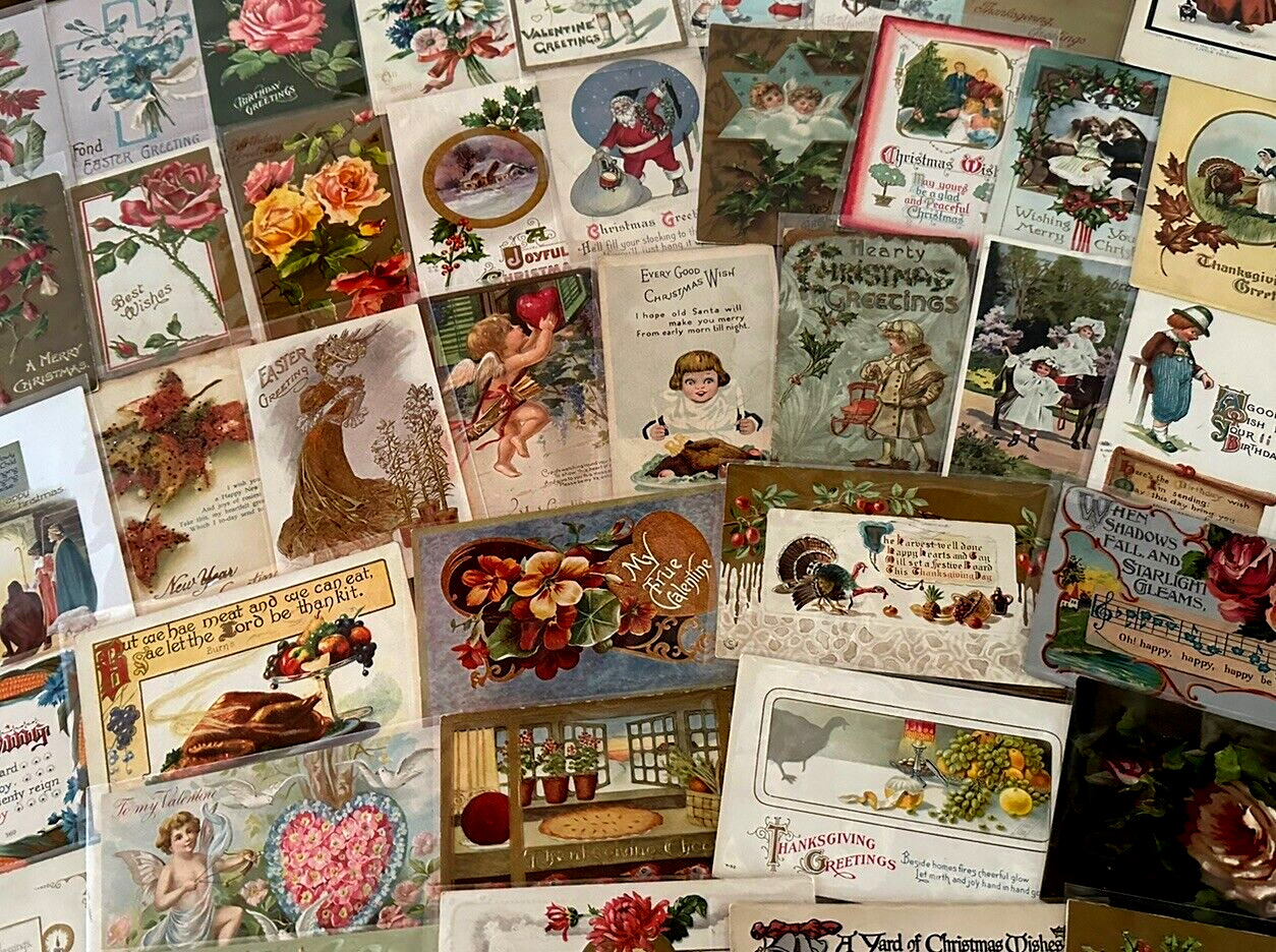 Nice Lot of 50~Mixed Vintage Antique Holidays Greeting Postcards~in sleeves-k671