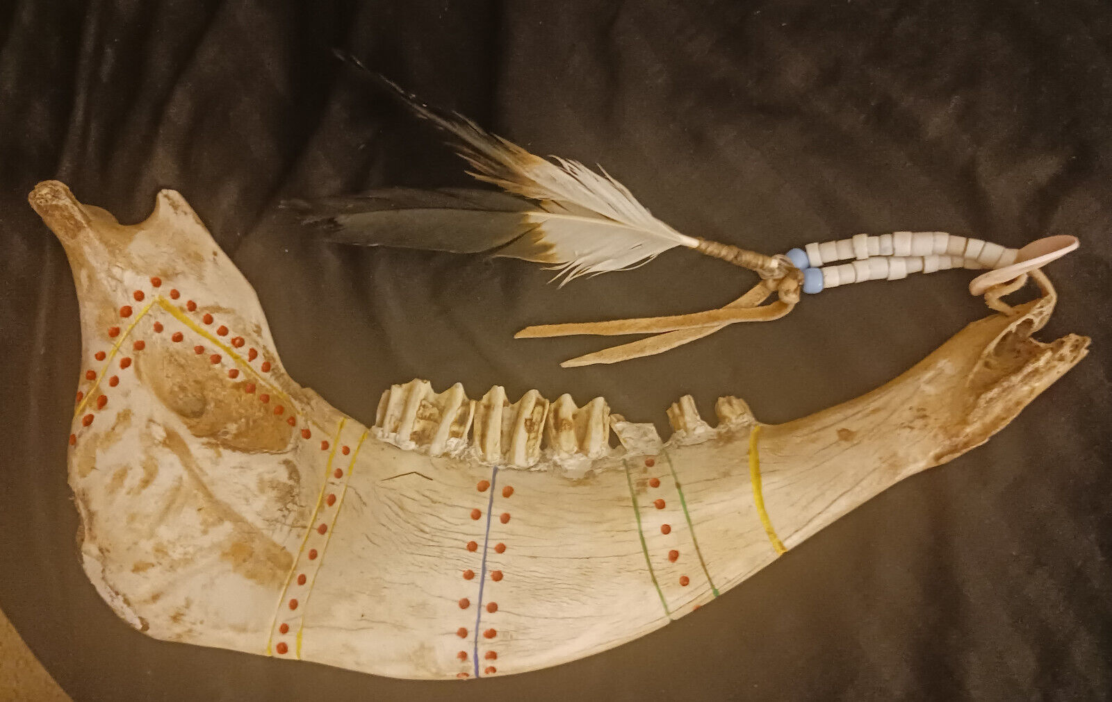 Antique Ceremonial Native American Buffalo/Tanka Jaw Bone Beads Teeth Hawk Plume