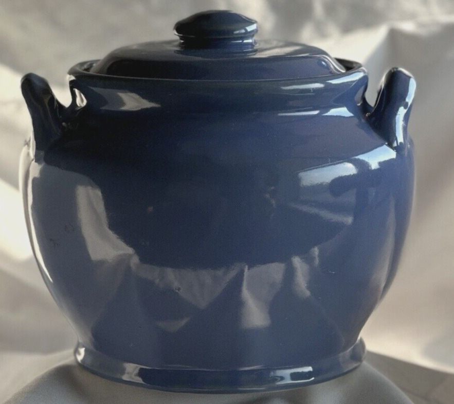 Vintage Monmouth Pottery Double Handle cookie jar/bean pot blue c. 1940\'s