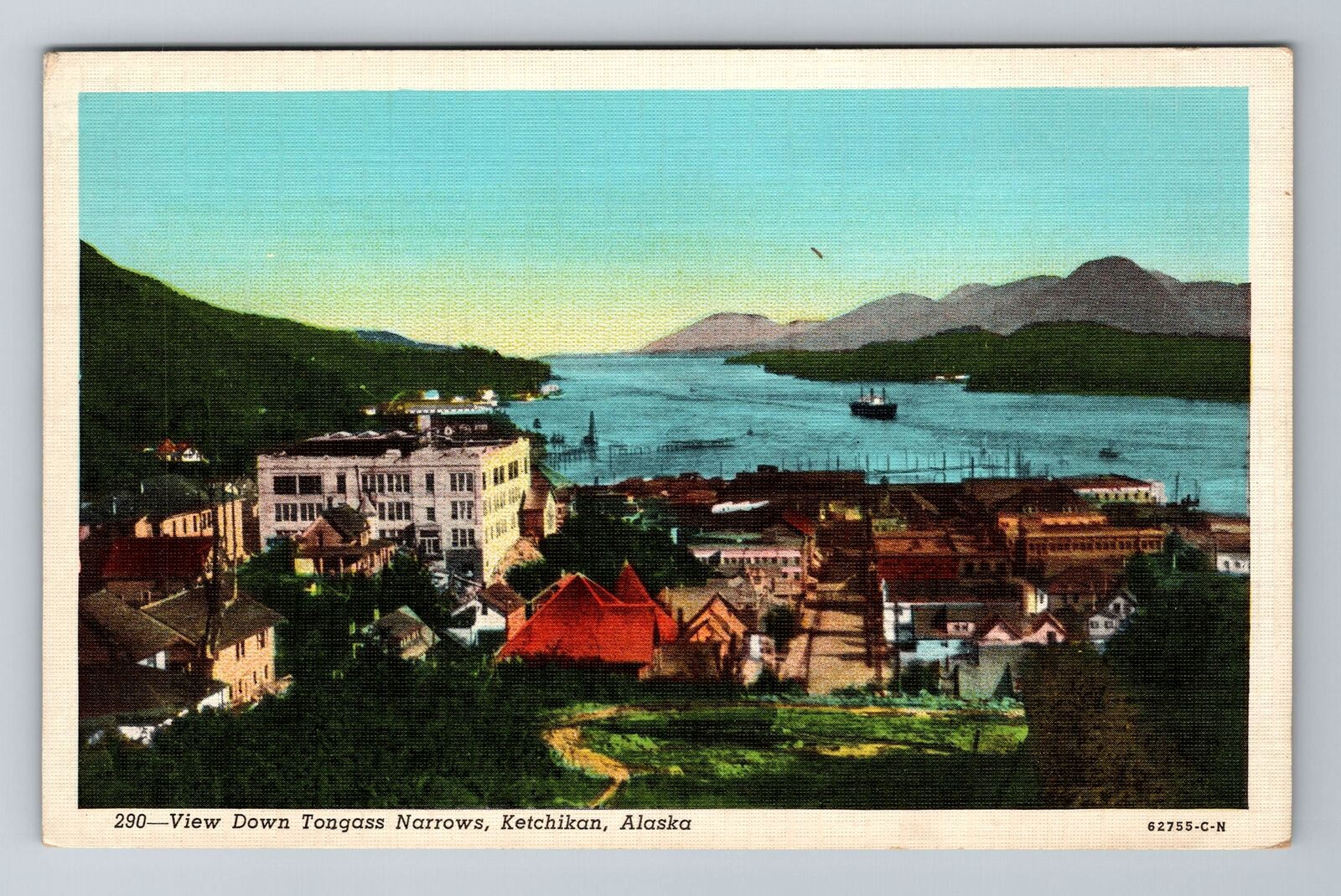Ketchikan, AK-Alaska, View Down Tongass Narrows Antique, Vintage Postcard