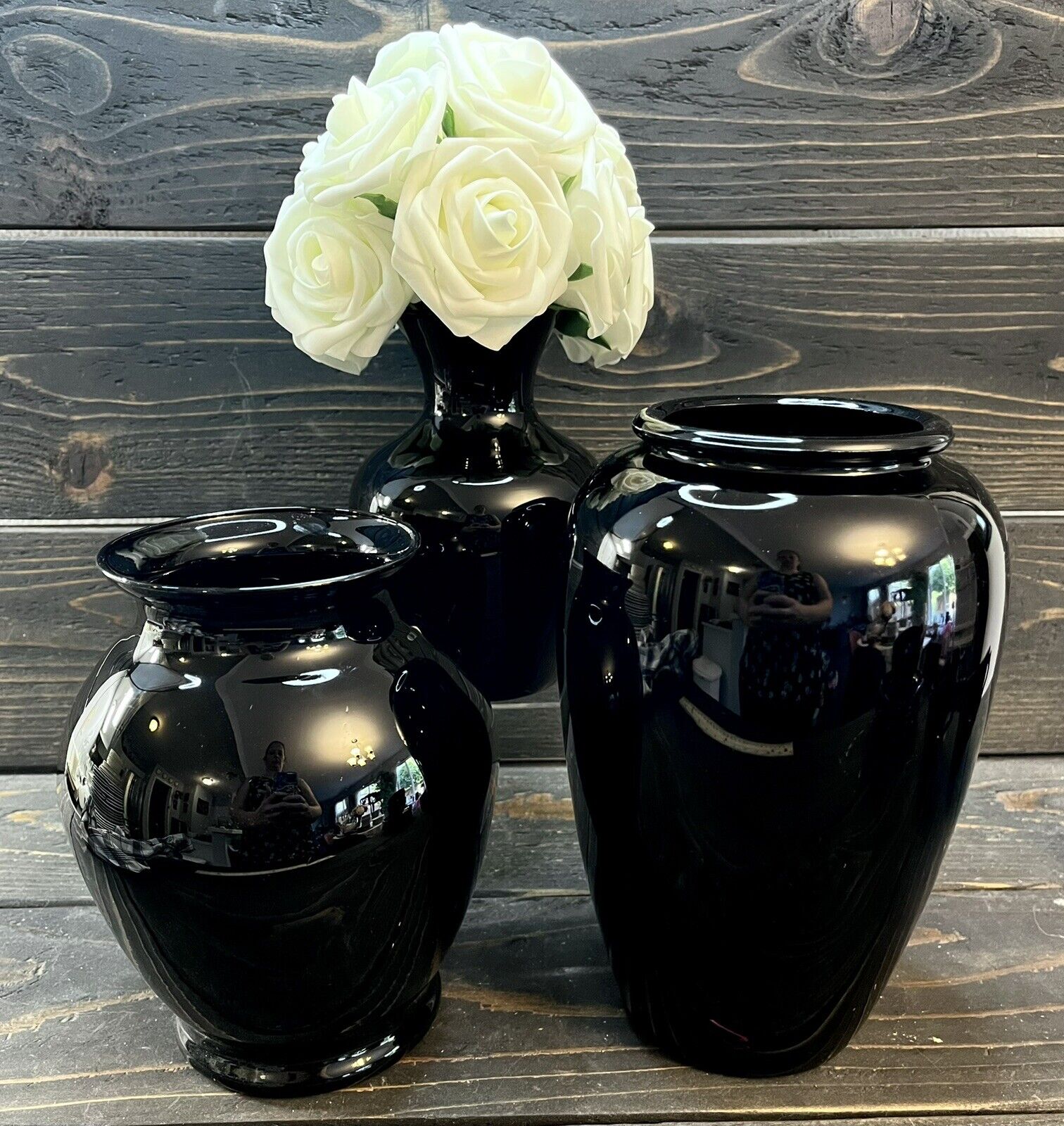 Vintage Amethyst Black Glass Vase Lot Set Of 3 8 3/4”, 7 1/2”, & 6 1/4” Shiny