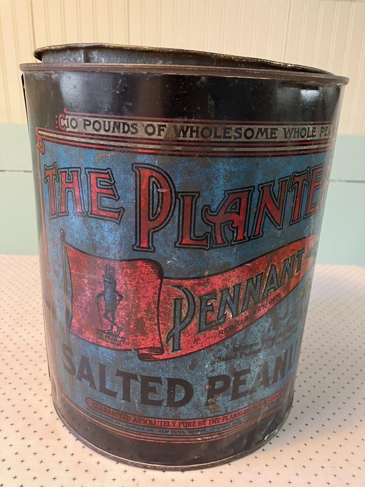 1920s PLANTERS PEANUT TIN with original lid 10 pound size 9 1/2” Tall 8” Diame