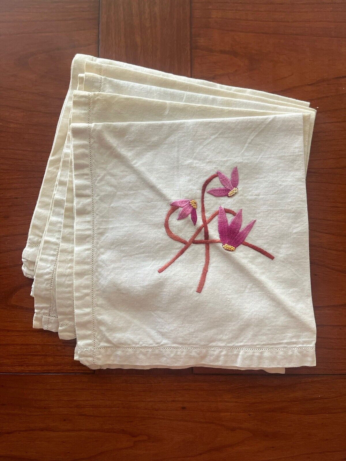 5 Cotton Embroidered Napkins Vintage Cotton Floral 17.5 X 16.5”