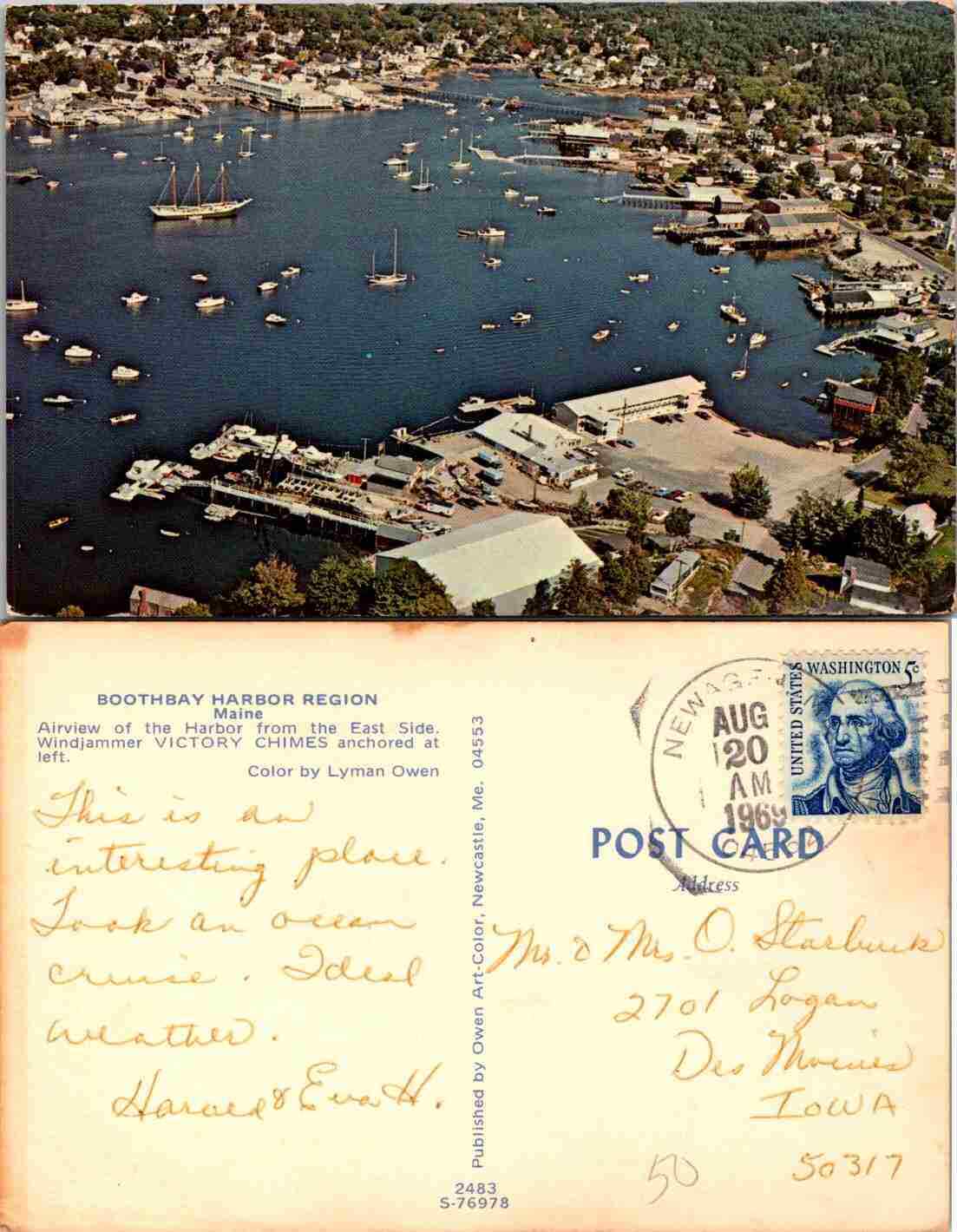 Vintage Postcard - Old Maine Postcard - Aerial View Boothbay Harbor, MA