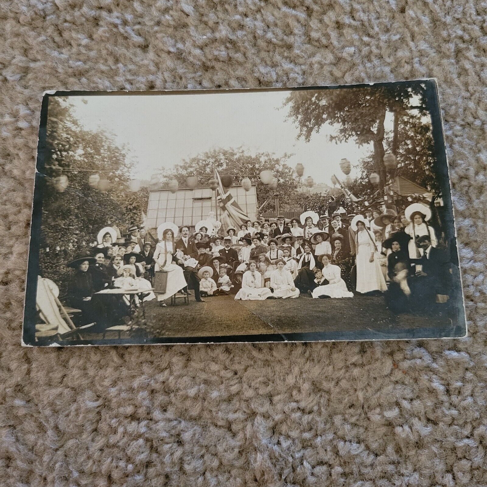 Antique RPPC Wedding Reception Garden Party Union Jack Postcard