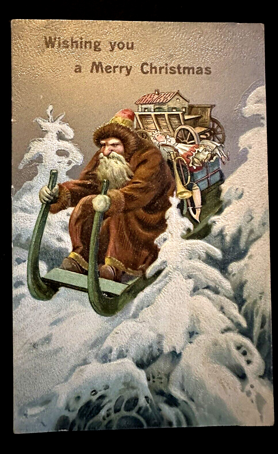 Brown Robe~Santa Claus with Old Fashioned Sled~Toys~1910 Christmas Postcard~k678