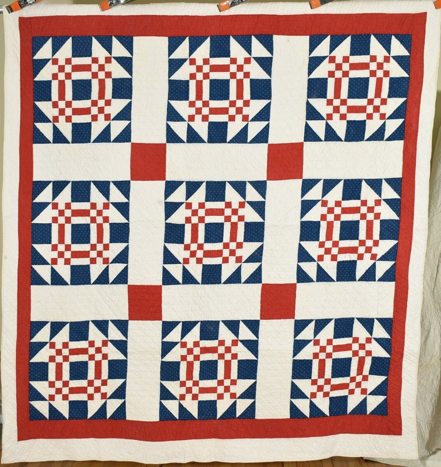 OUTSTANDING Vintage 1880's Red, White & Blue Steeplechase Antique Quilt