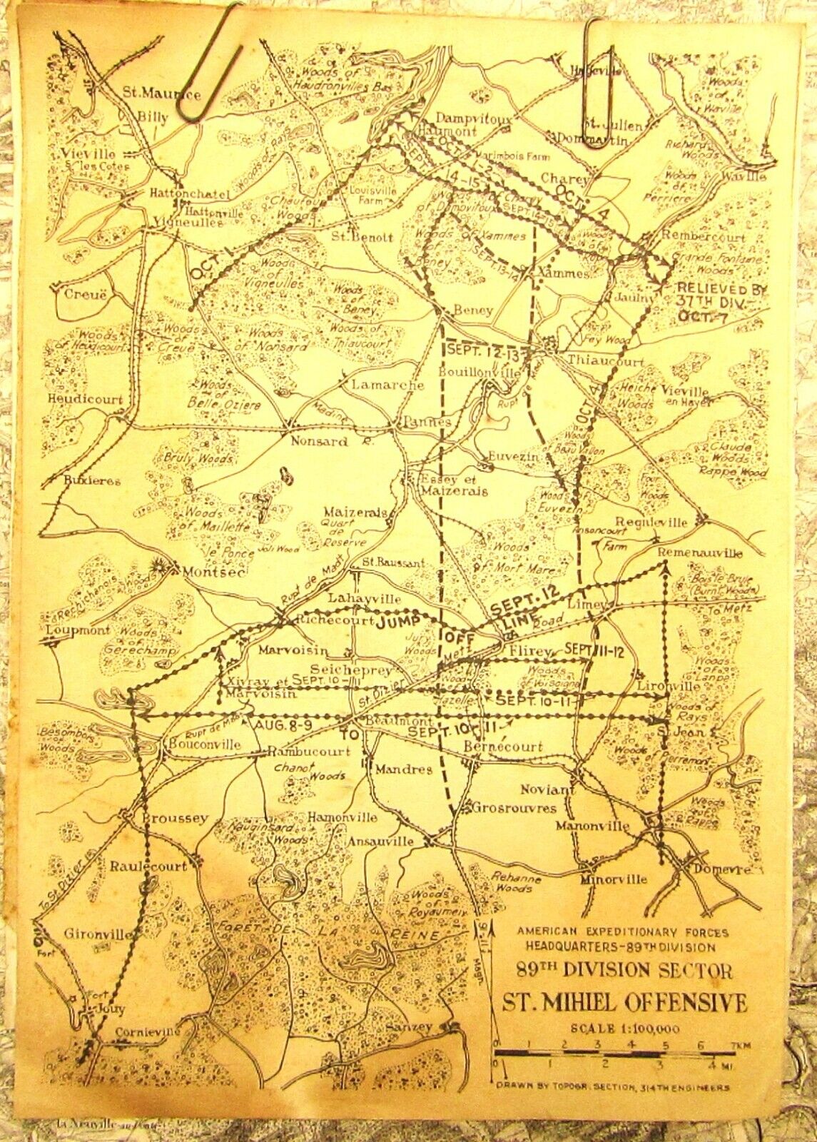 Vintage War Use Map St. Mihiel Offensive Trech Lines Jump Line Orders for Leave