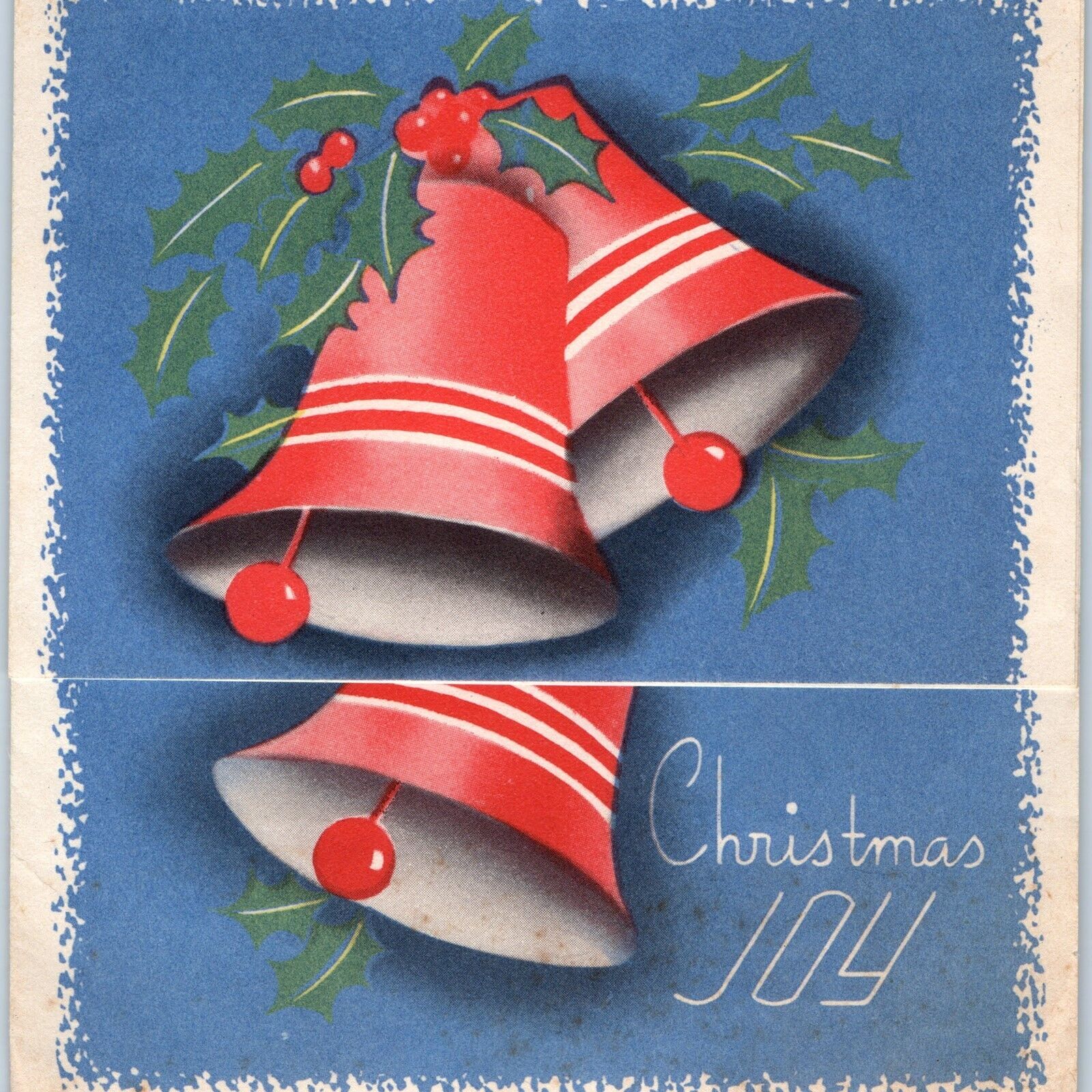 c1930s Bells Christmas Joy Fold Open Paper Greetings Card New Year USA Vtg 5A