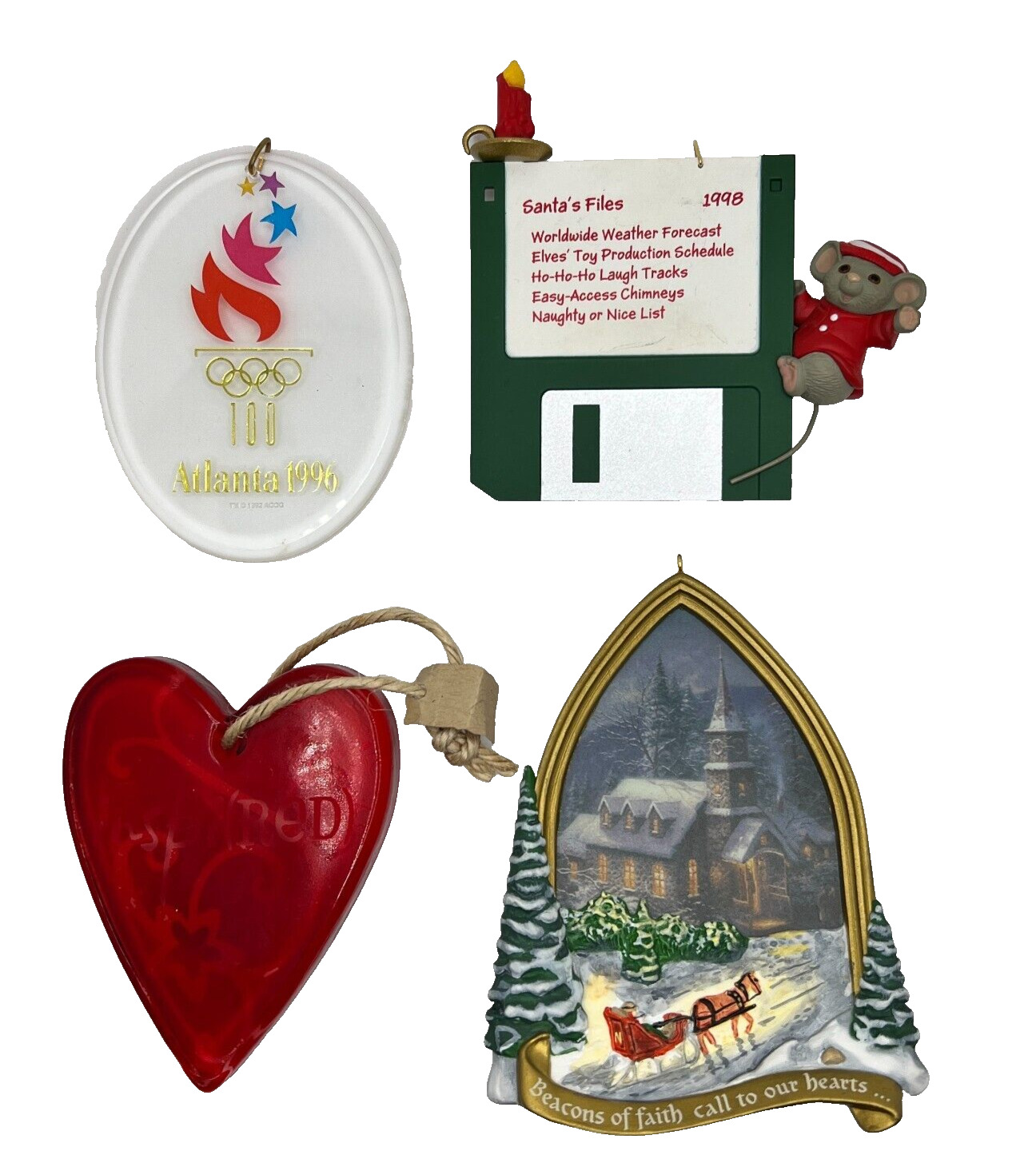 Hallmark Keepsake Christmas Ornaments Lot 4 Kinkade Church Olympics Heart Mouse