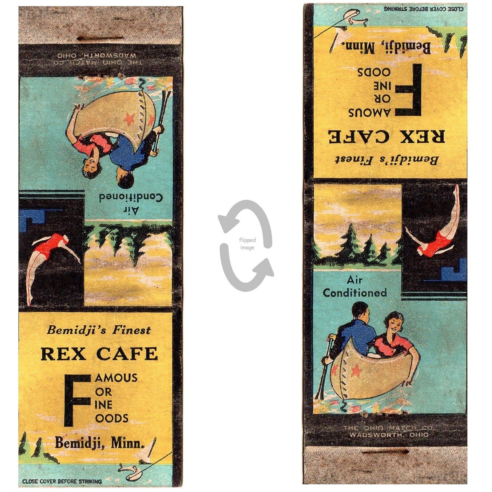 Vintage Matchbook Cover Rex Cafe restaurant Bemidji MN 1930s Canoe diver lake
