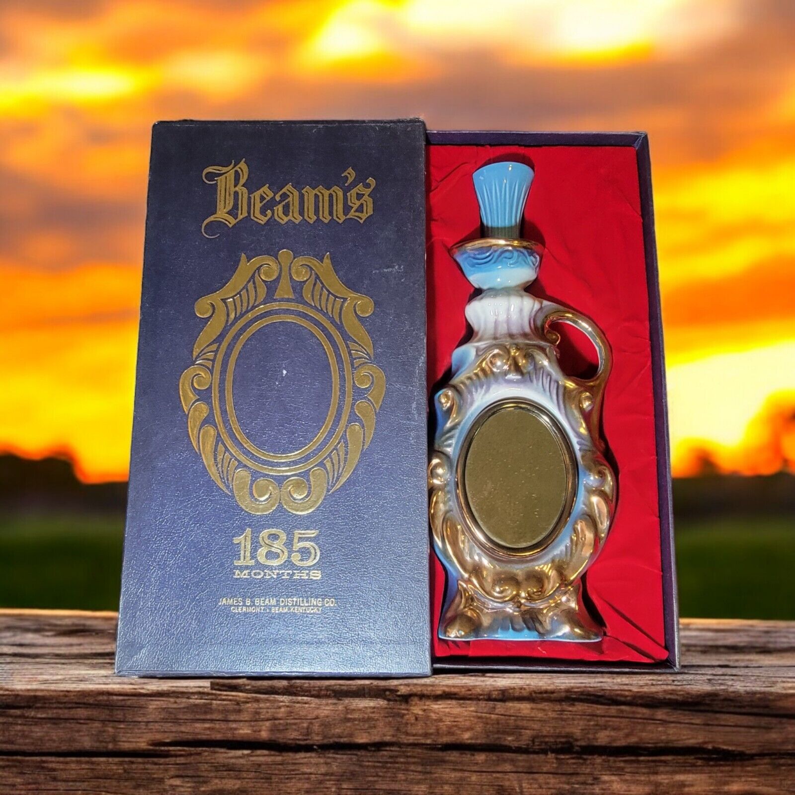 Vintage 1975 Jim Beam Gold Whisky Decanter with Mirror, 180 Month, Orig. Box