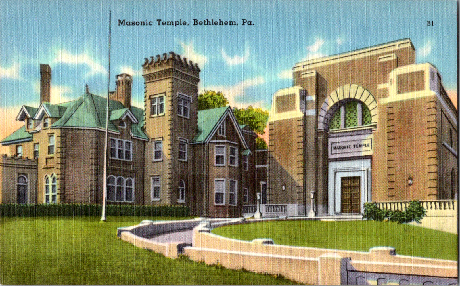 Vintage C. 1940's Masonic Temple Allentown PA Lehigh Pennsylvania Postcard