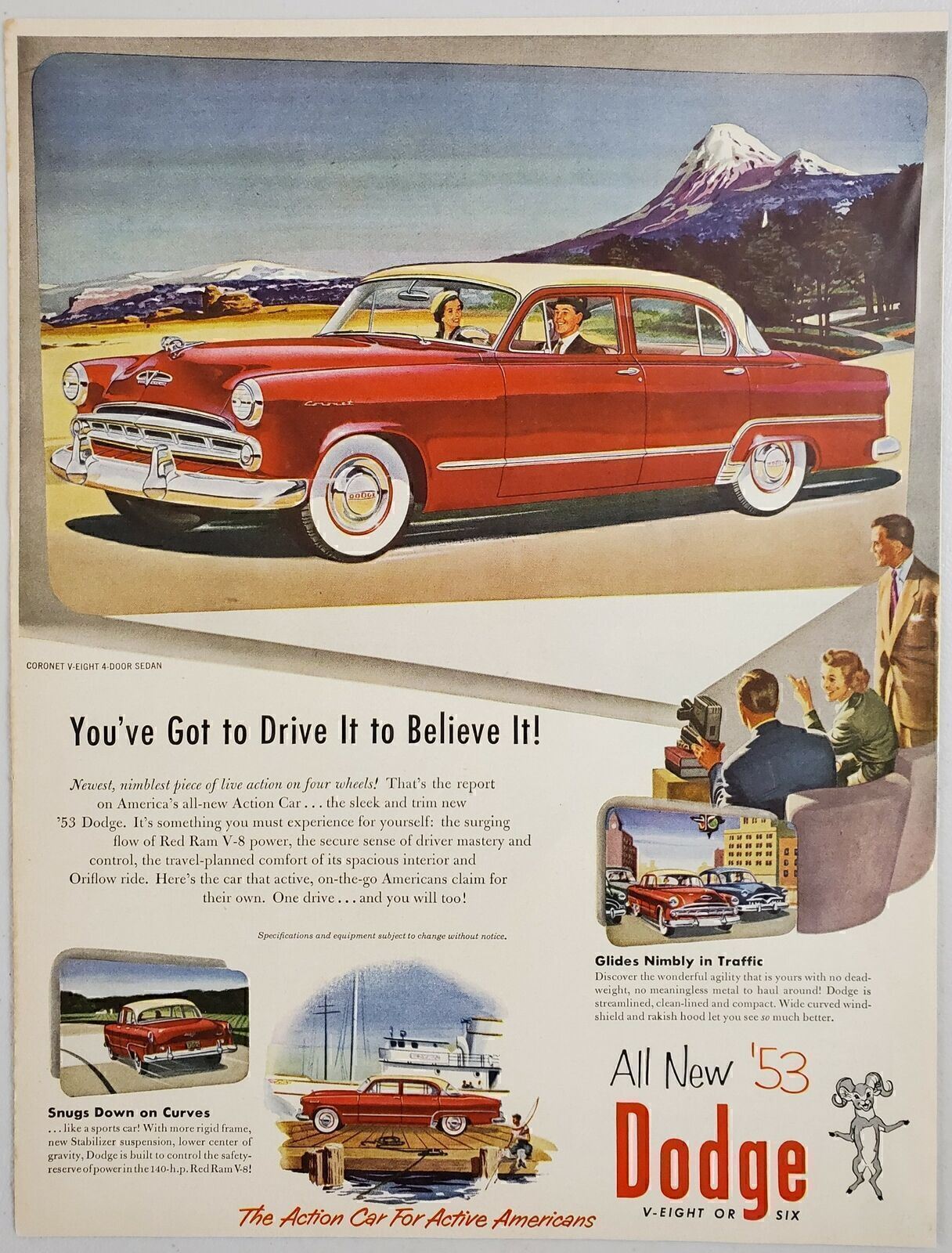 1953 Print Ad The \'53 Dodge Coronet V-Eight 4-Door Sedan Mountains,City Traffic