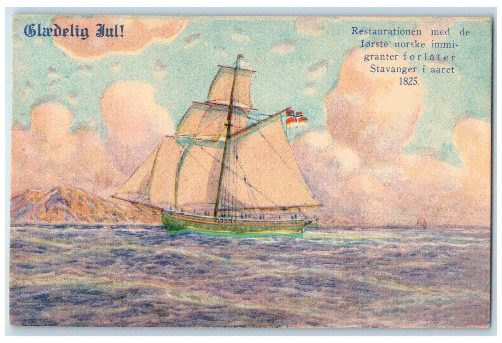 c1930's Merry Christmas Message Schooner Boat Norwegian Immigranter Postcard