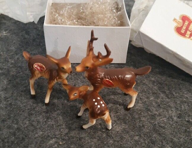 Vintage Set Of 3 Miniature Bone China Deer Figurines  Japan Original sticker&box