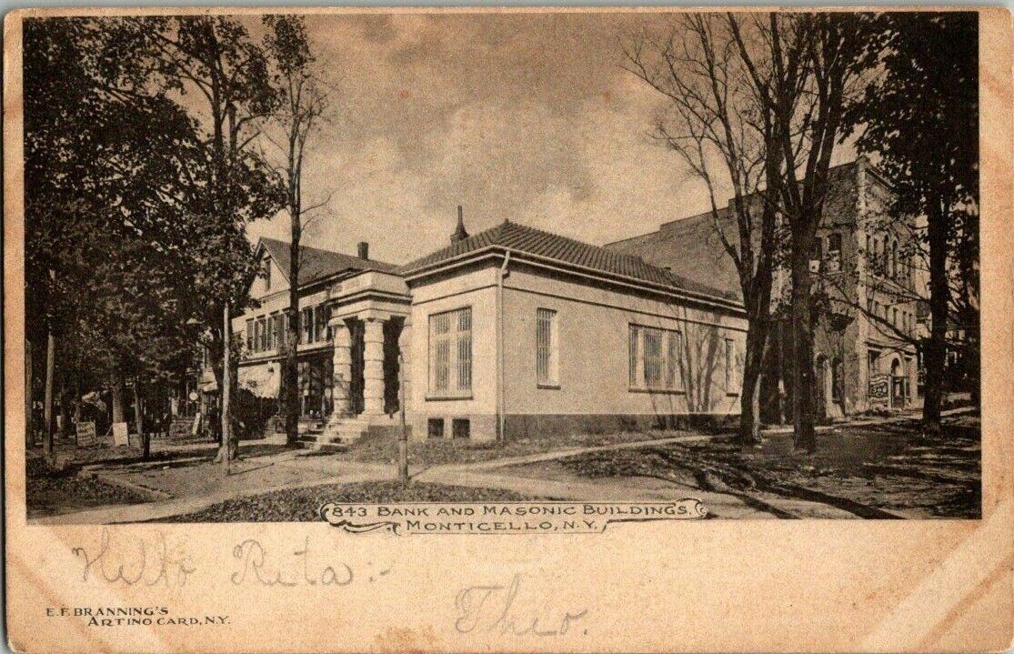 1904. BANK & MASONIC BLDG. MONTICELLO, NY POSTCARD r5