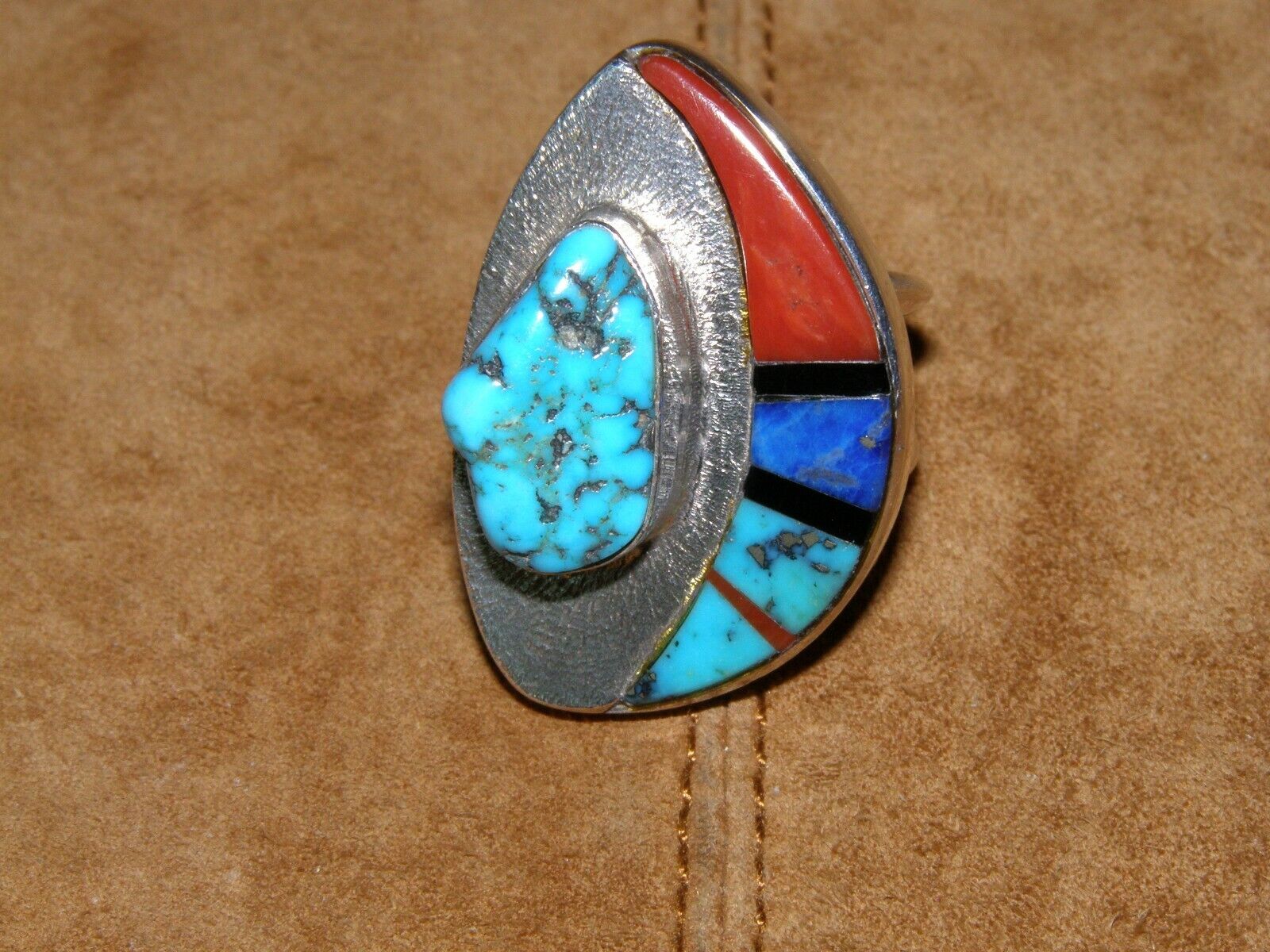 Ted Charveze(Isleta) Ring --Sterling Silver with Turquoise Nugget & Stone Inlays