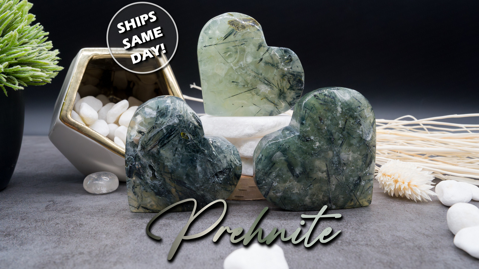 Prehnite With Epidote & Black Tourmaline Natural Crystal Green Heart Carving