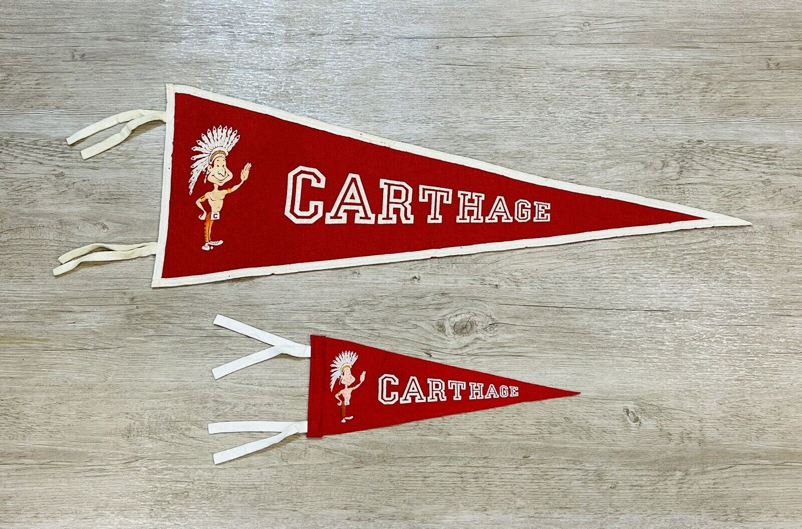 2 Vintage CARTHAGE Red Men COLLEGE  Pennant  Carthage Illinois  Kenosha Wi RARE