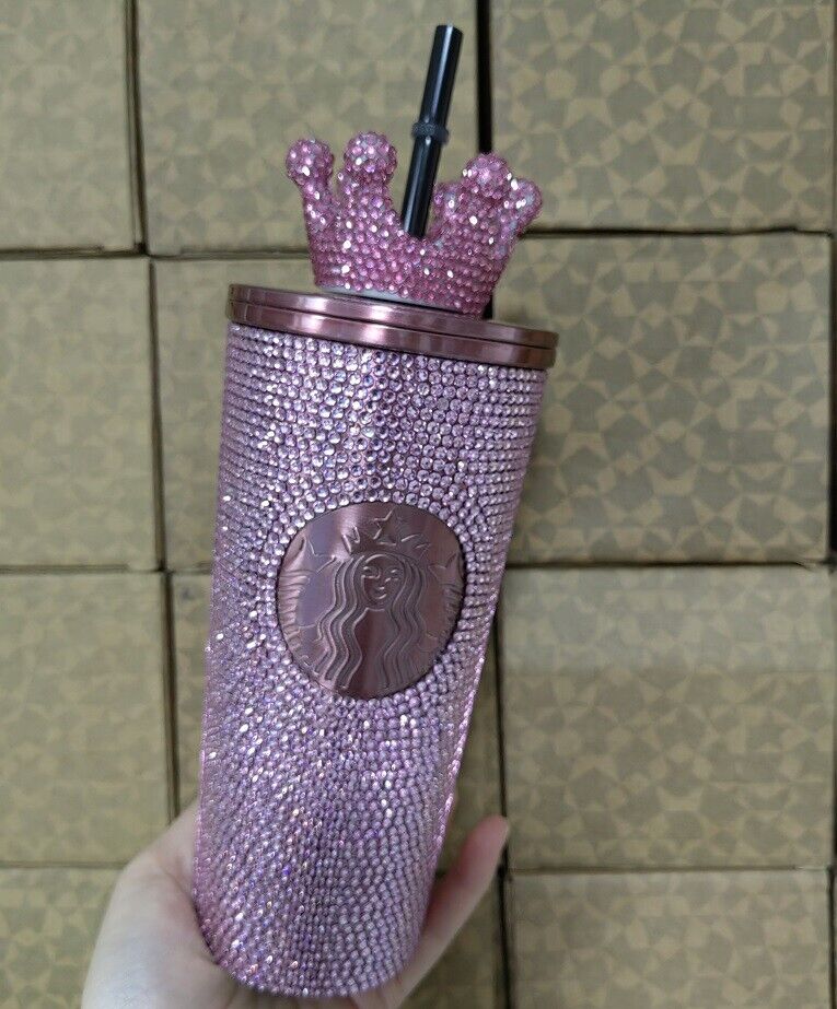NEW Starbucks 2024 SS Pink Rhinestone Cold Cup Tumbler+ Diamond Crown 16oz Gifts
