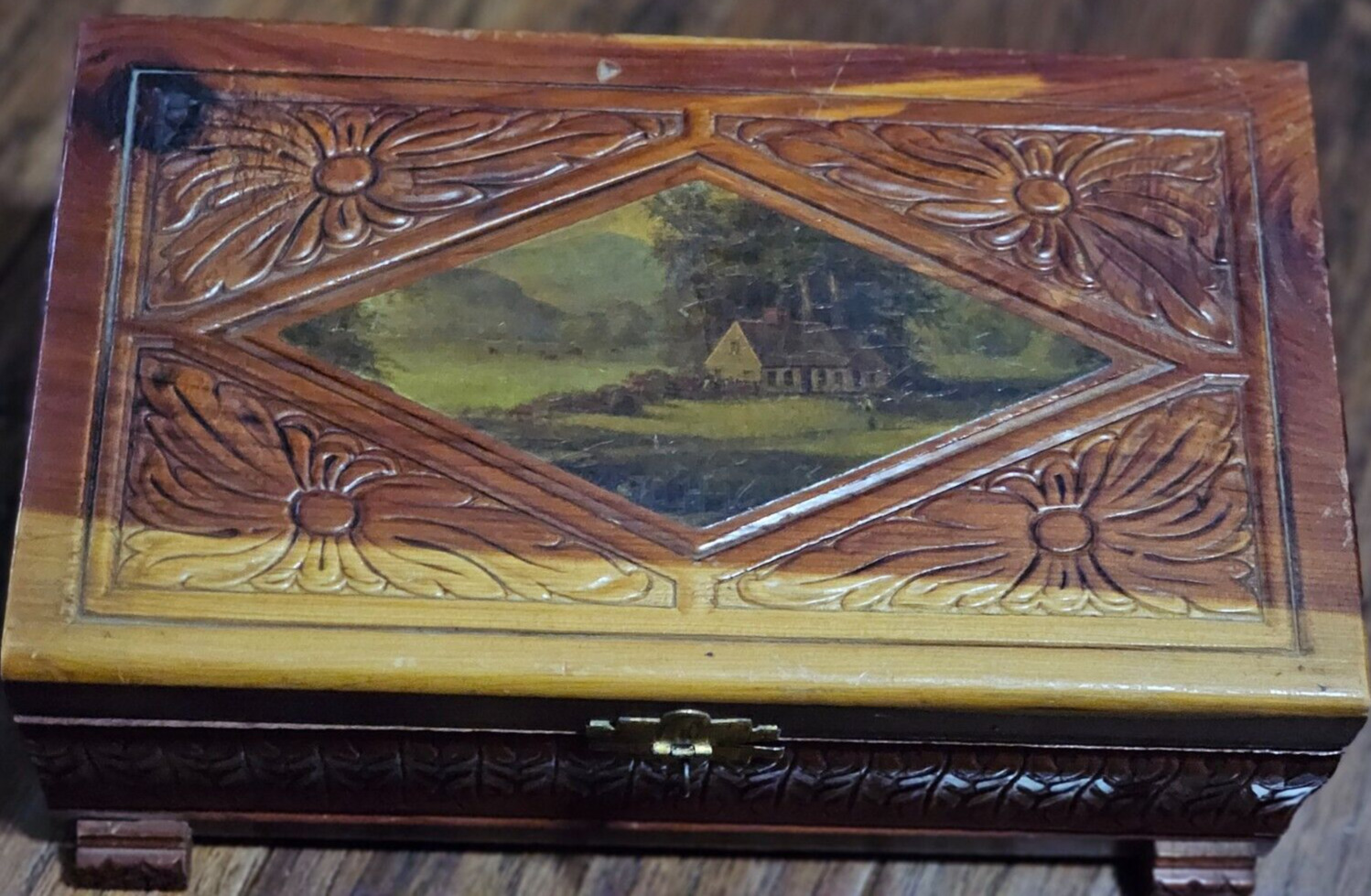 Vintage Hand Carved Cedar Wood Chest Jewelry Trinket Stash Box w/ Latch