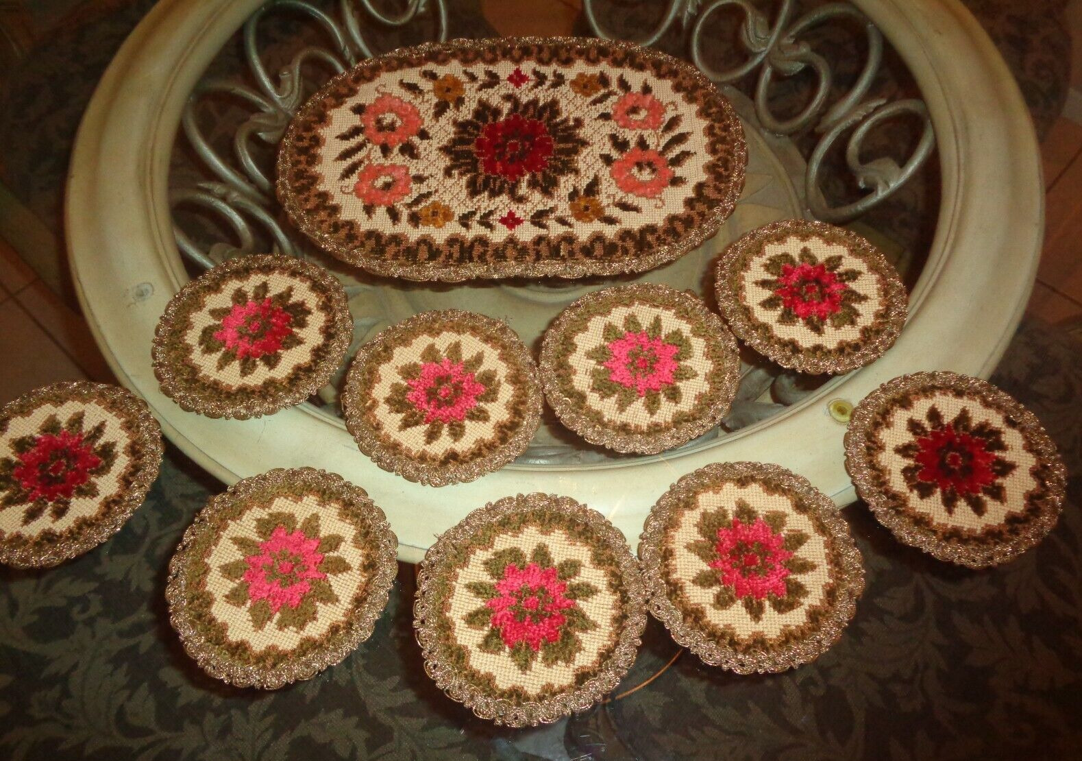 Vtg 10 pcs Dutch German Needlepoint Tapestry Coasters & Oval Doily Excellent