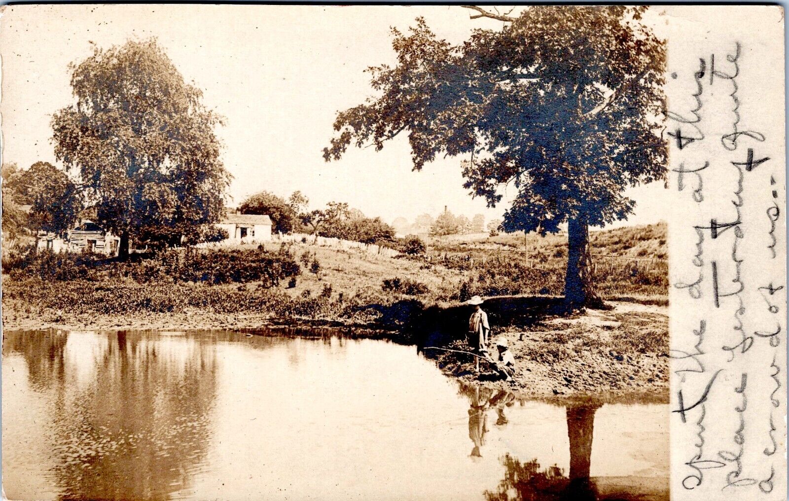 RPPC Two Boys Fishing in Pond, Albion, Illinois - 1909 Photo Postcard