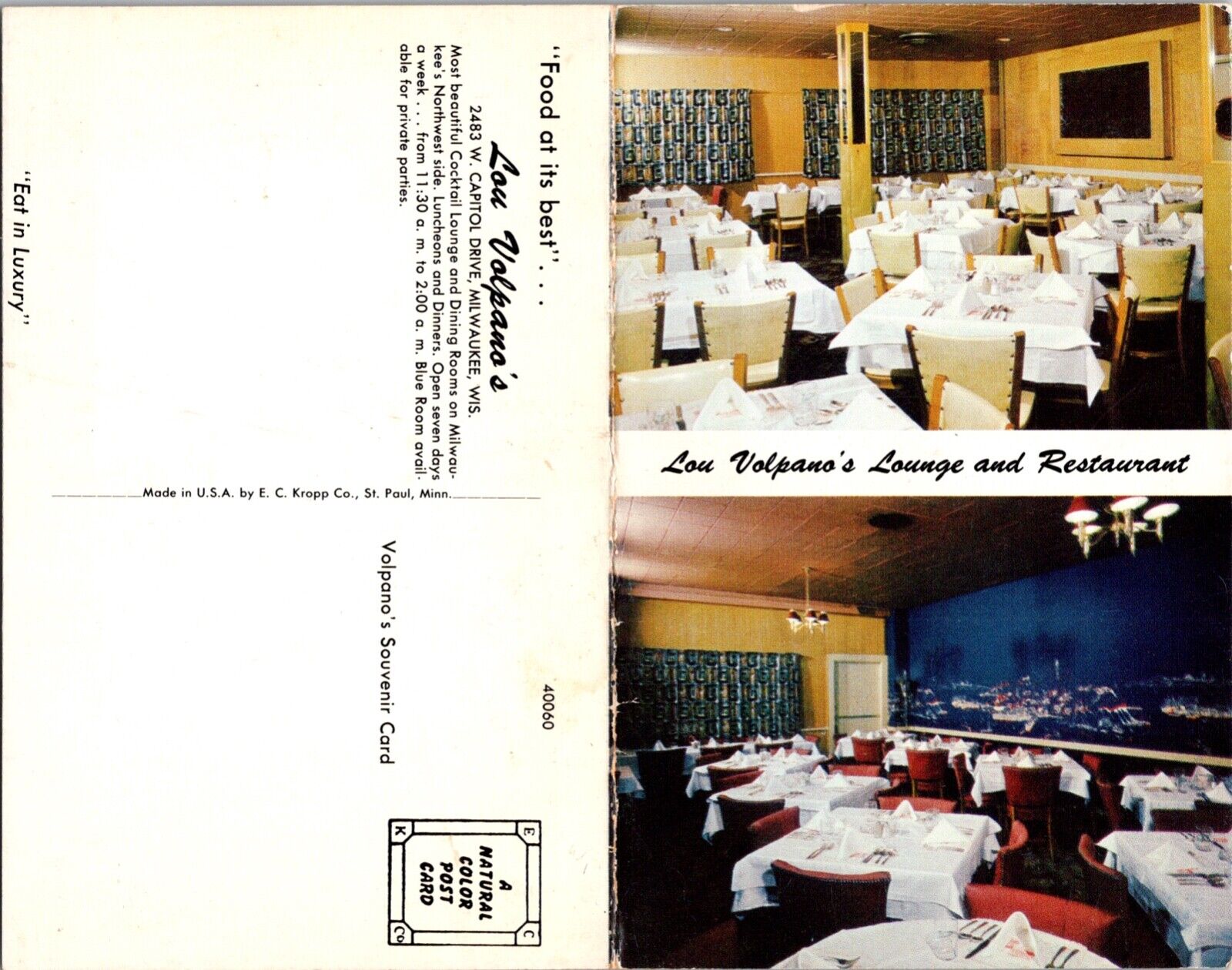 Fold Out Postcard Lou Volpano\'s Lounge and Restaurant in Milwaukee, Wisconsin
