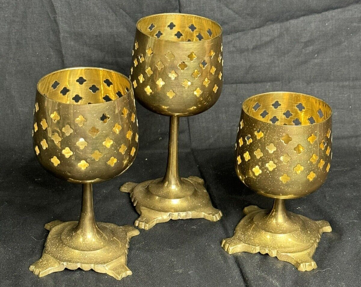 Vintage Brass Pedestal Candle Holders Mid-Century Modern Set 3 India Boho