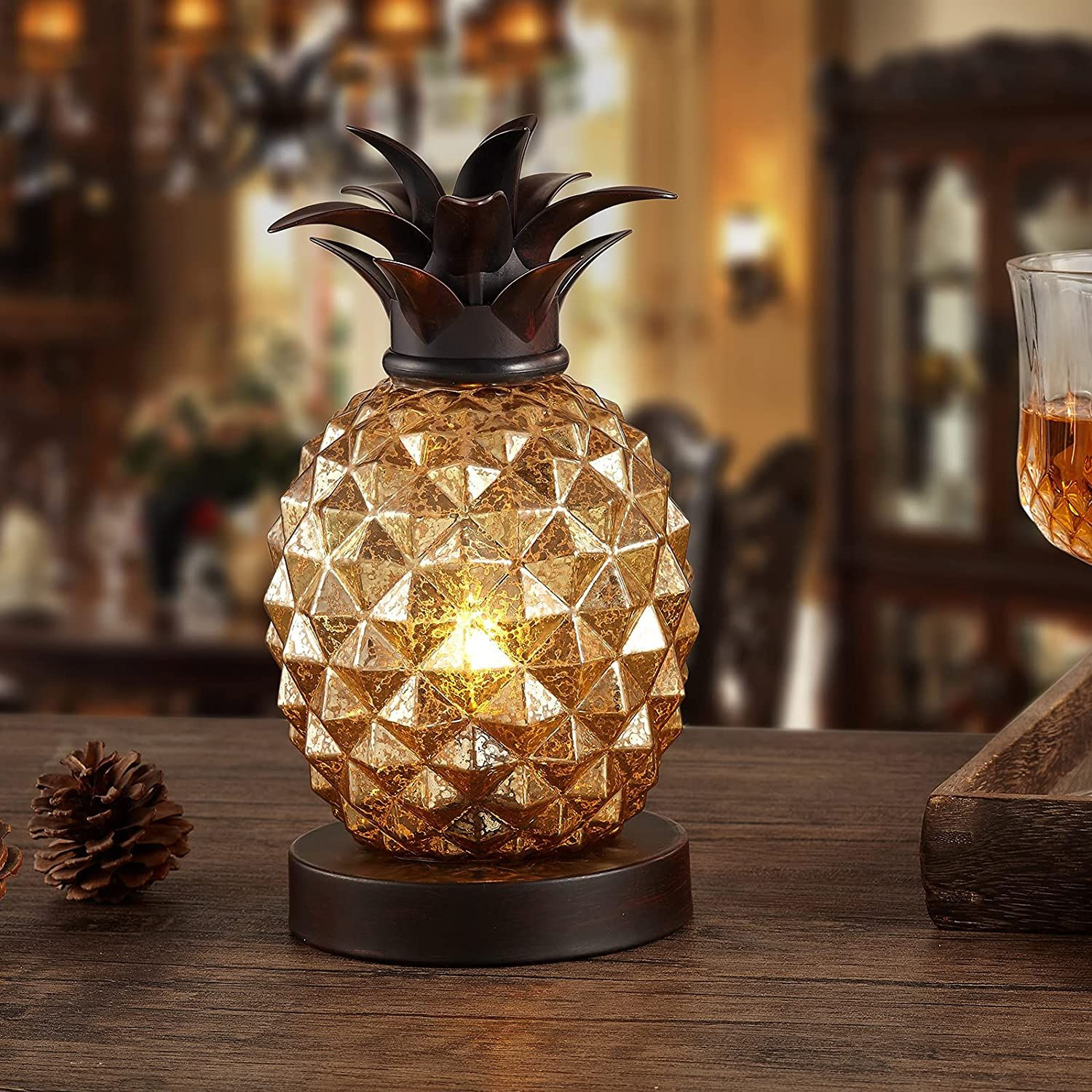 Cute Mercury Glass Pineapple lamp, Golden Table Lamp, Countertop Gold 