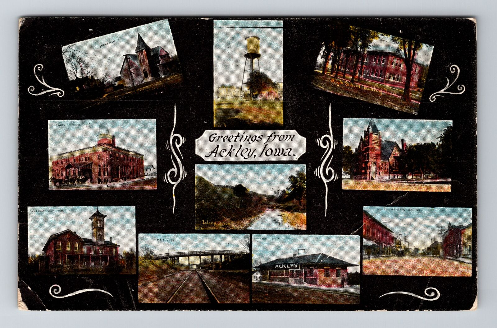 Ackley IA-Iowa, Montage Multi-View Greeting, Train Depot Vintage c1910 Postcard