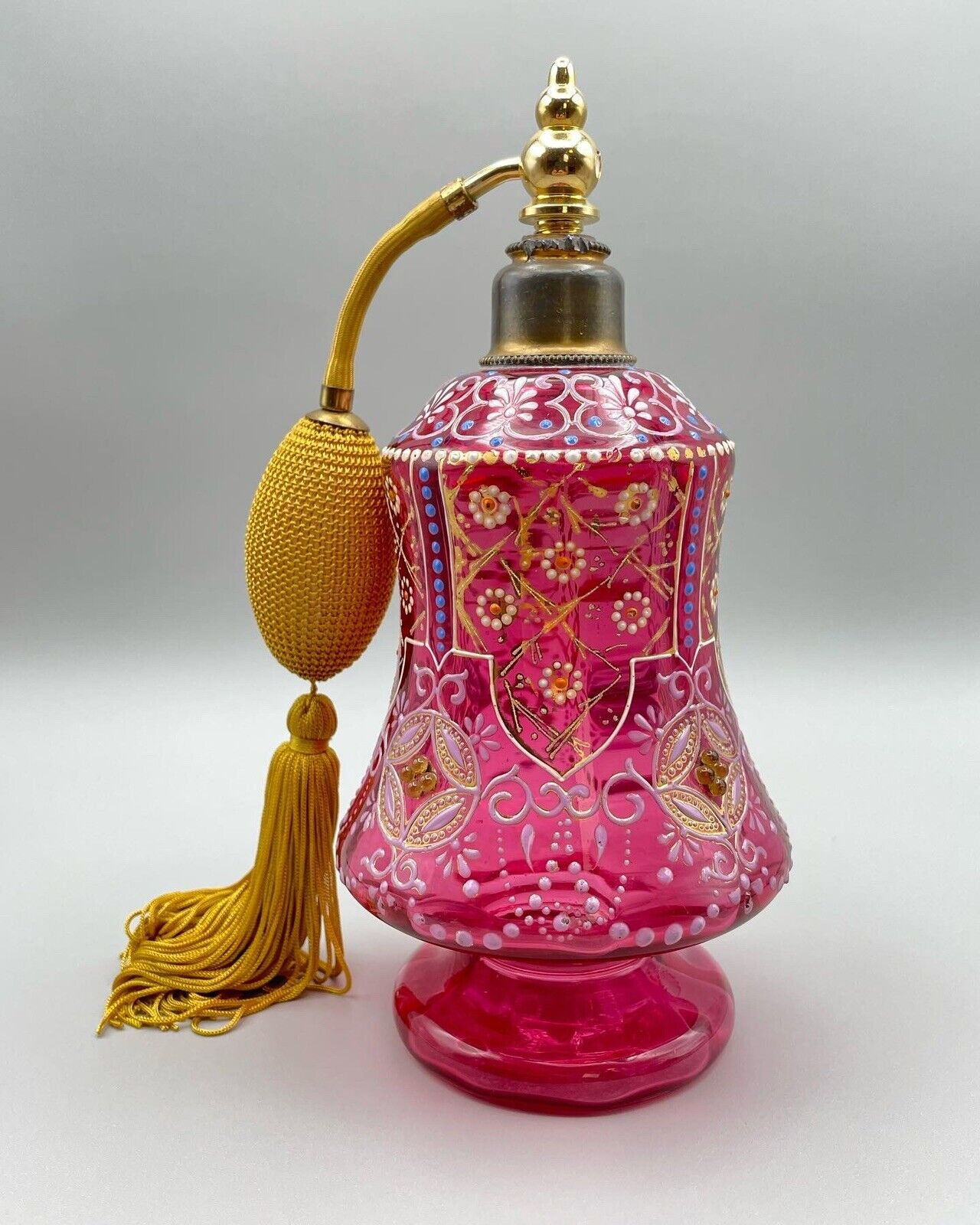 Antique Moser Pink & Gold Perfume Bottle Atomizer Enamel Painted Victorian 1900s