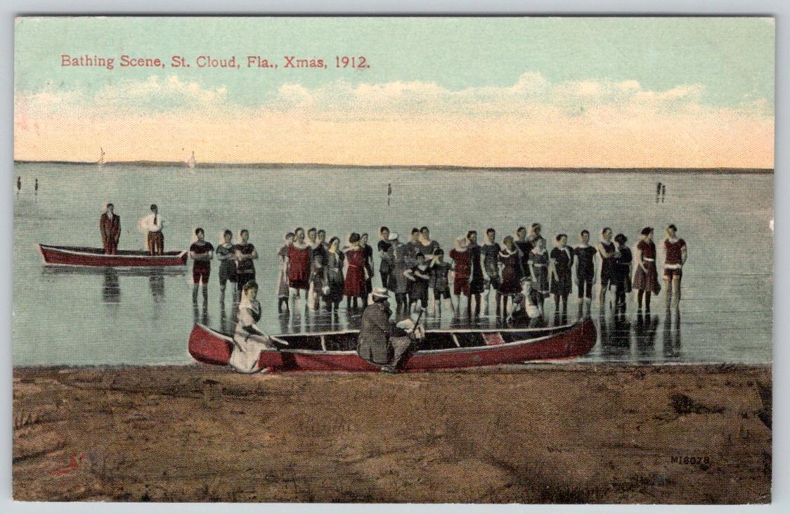1912 ST CLOUD FLORIDA CHRISTMAS BATHING SCENE BEACH CANOE SWIMSUITS POSTCARD