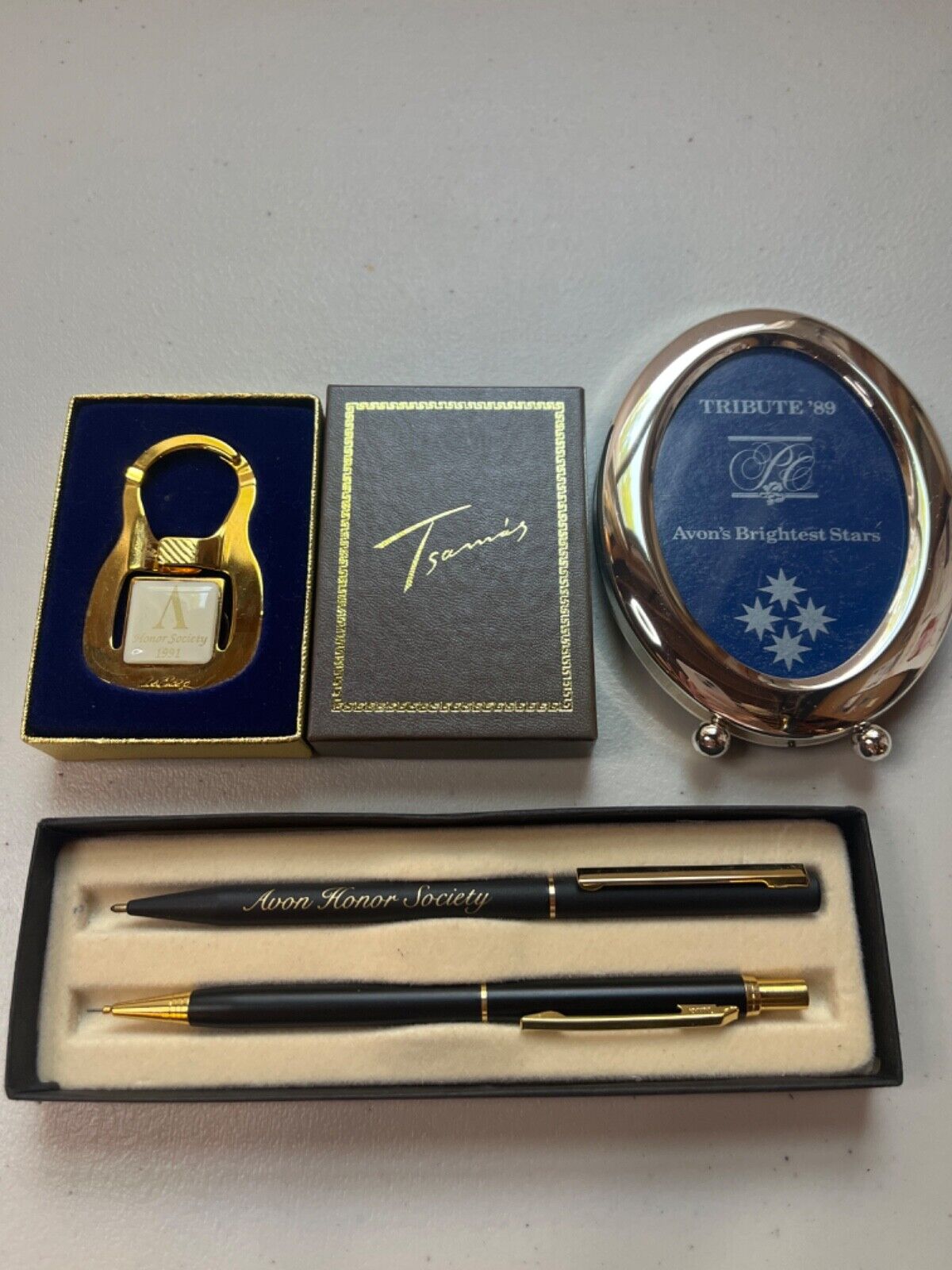 vintage avon honor society rewards- pen, key chaun and frame
