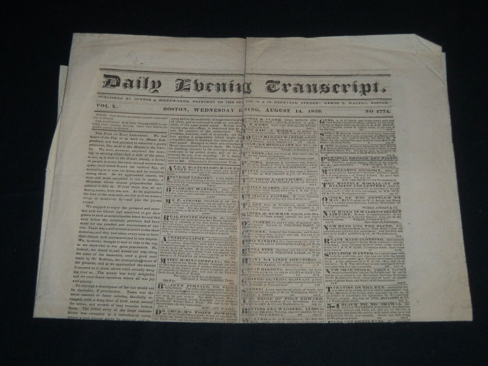 1839 AUGUST 14 DAILY EVEING TRANSCRIPT BOSTON NEWSPAPER - HENRY CLAY - NP 4183