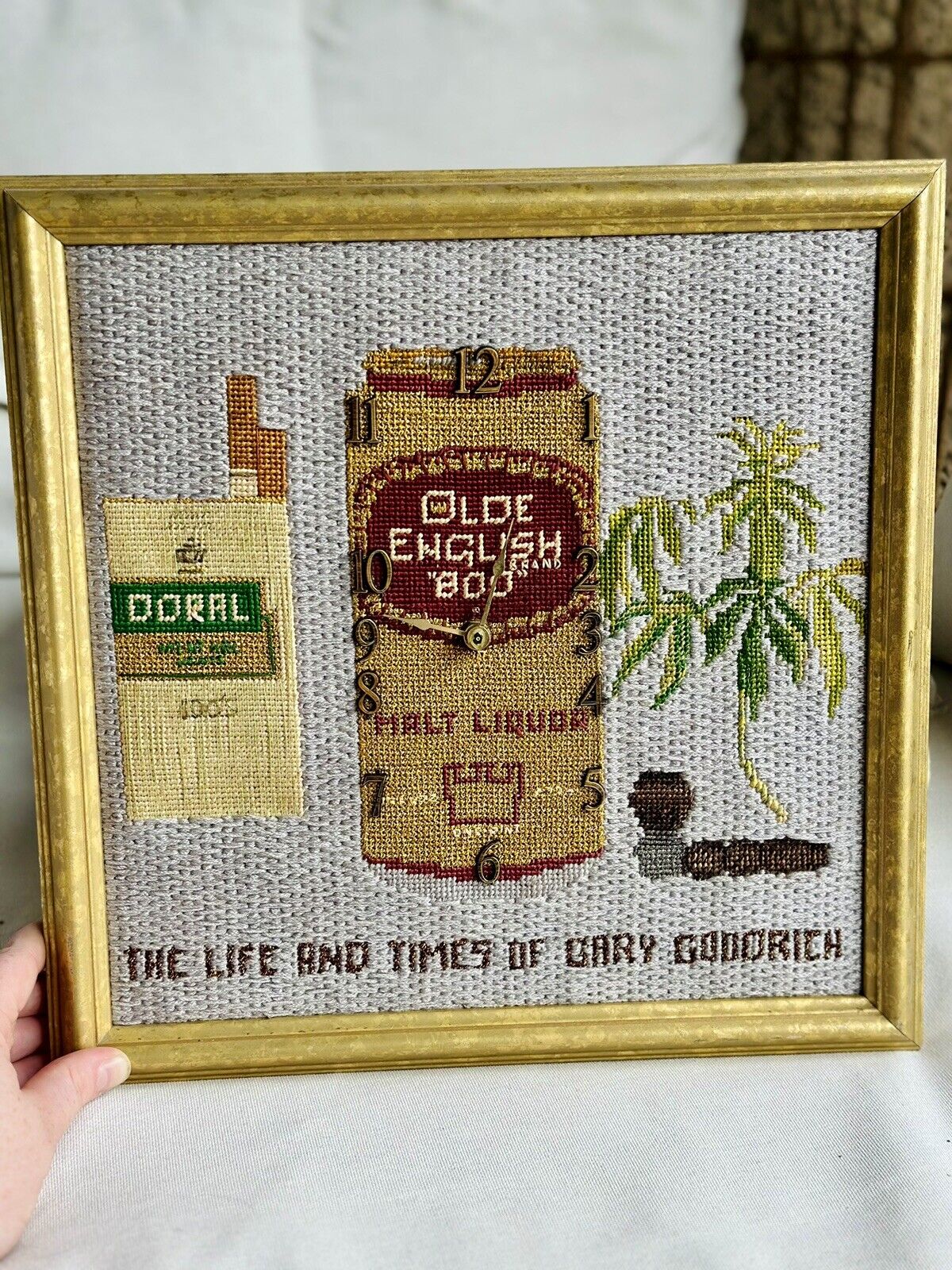 Vintage Framed Needlepoint Cross Stitch Clock Beer Bud Cigarettes Folk Art 13.5