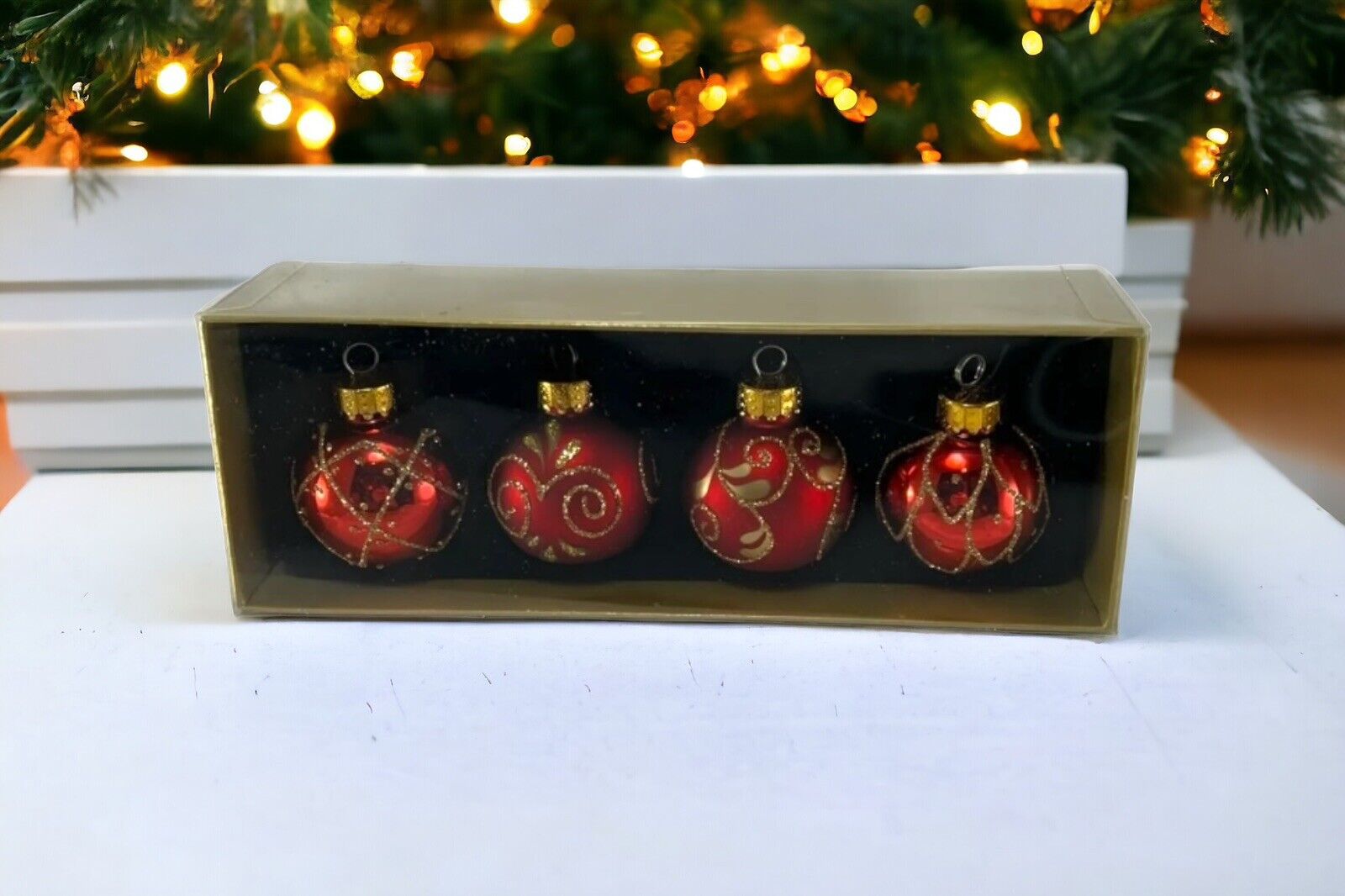 Set of 4 Michaels Glass Christmas Ornaments Red w/Glitter & Flat Bottom 1.57”NIB