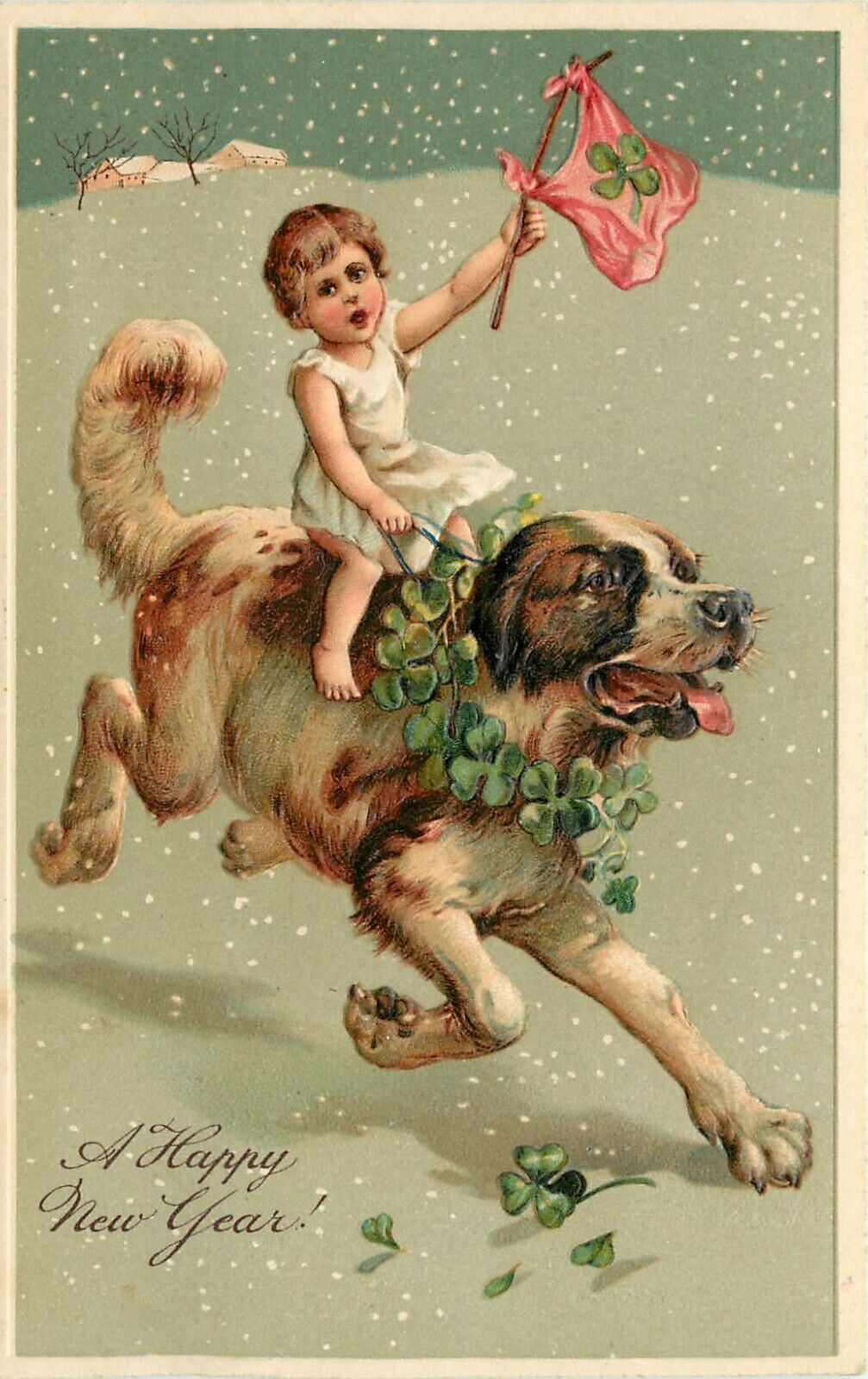PFB Embossed New Year Postcard 7978. Baby Riding a St. Bernard Dog Over the Snow