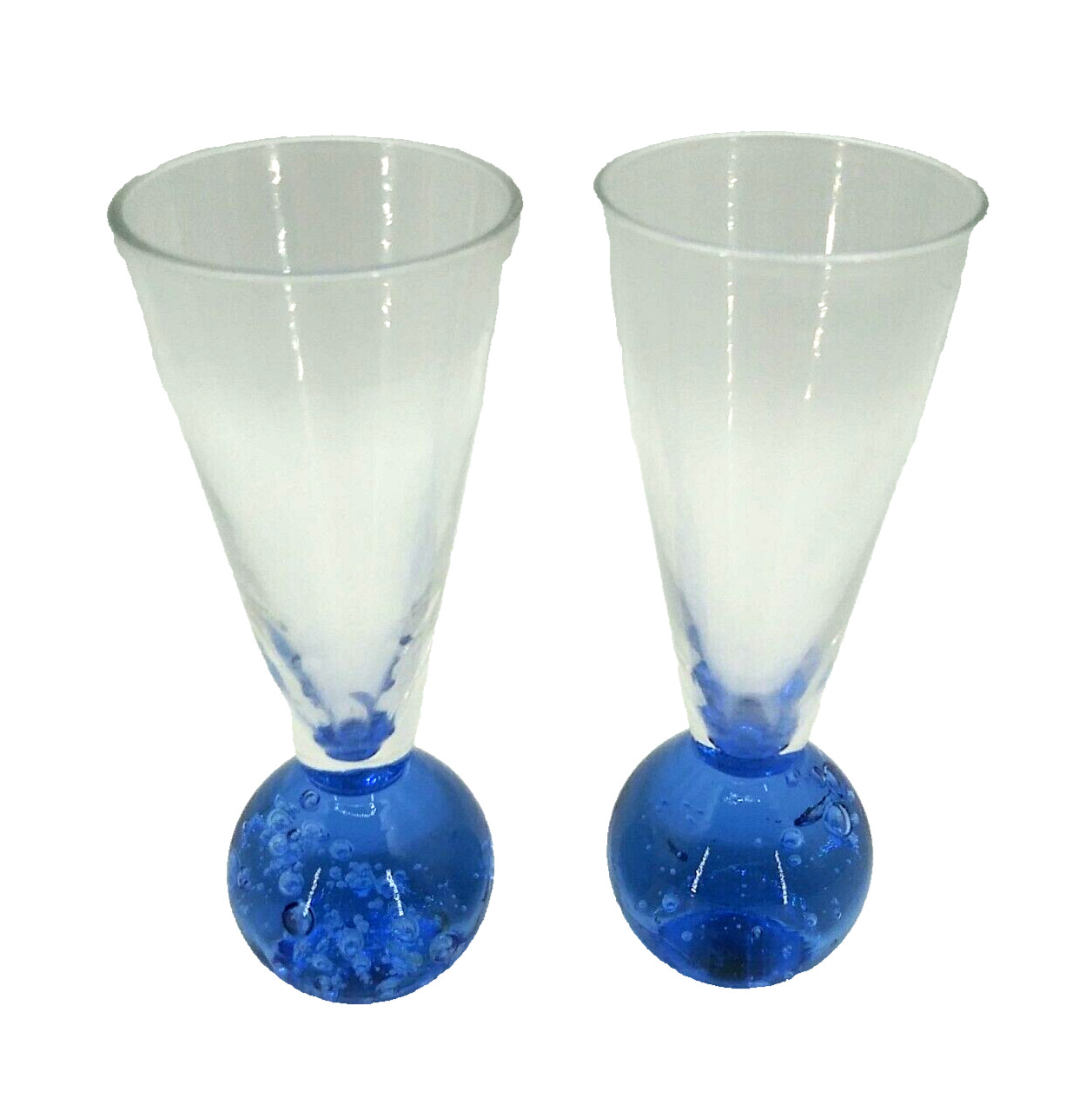 2 PC Vintage Hand Blown Blue Controlled Bubble Bottom Ball 4.5\