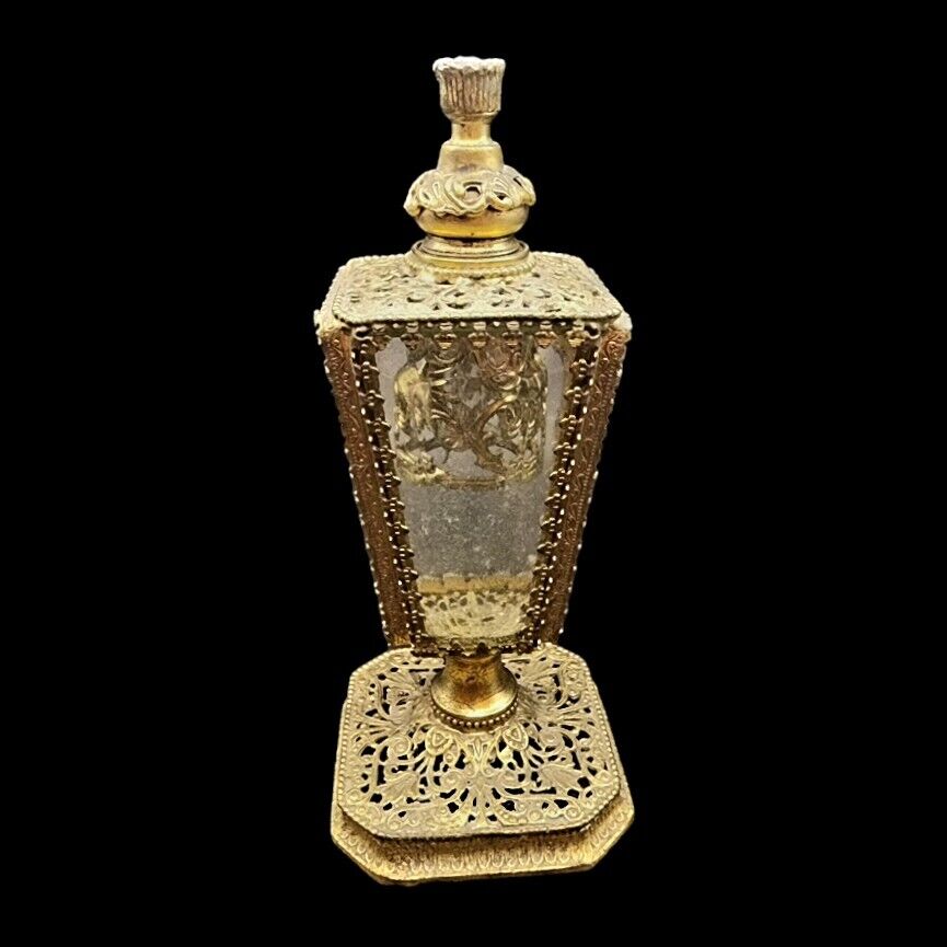 Vintage Ormolu Gold Gilt Filigree Perfume Bottle with Glass Beveled Panels 6.5
