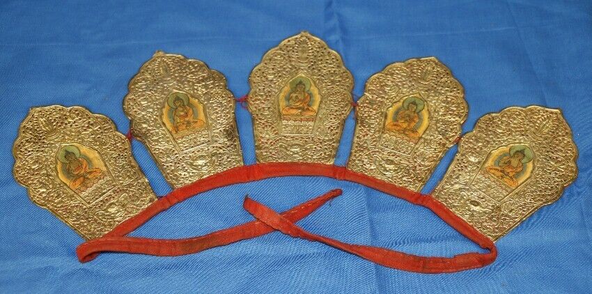 Real Nice Tibet Vintage Old Buddhist Five Dhyani Buddhas Thangka Lama Crown Hat