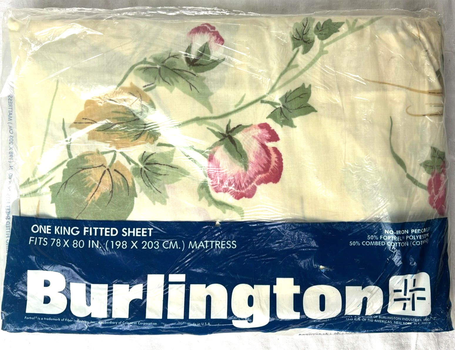 Vintage Burlington King Fitted Sheet Floral Yellow Pink Green 78x80