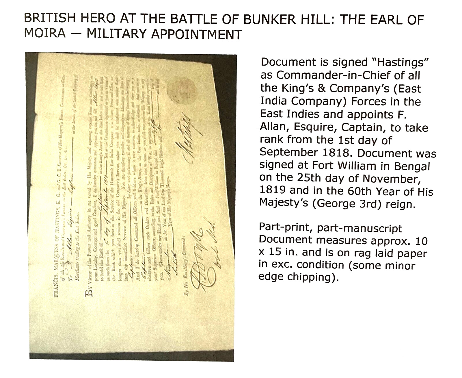 Bunker Hill British Hero Rawdon-Hastings Military Appointment 15X10