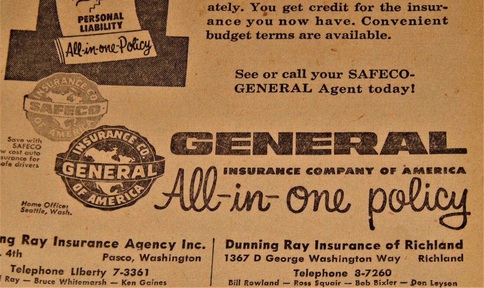 Vintage Advertisement, PASCO & RICHLAND, WA,1956, 