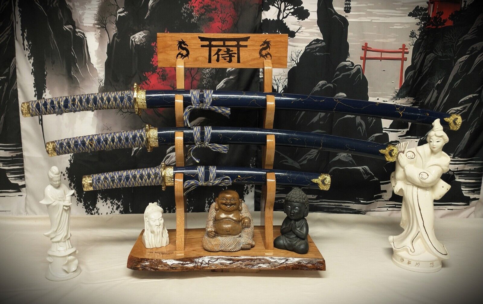 Live Edge Rustic 3 Tier Beautiful Cherry Japanese Samurai Sword Display Stand