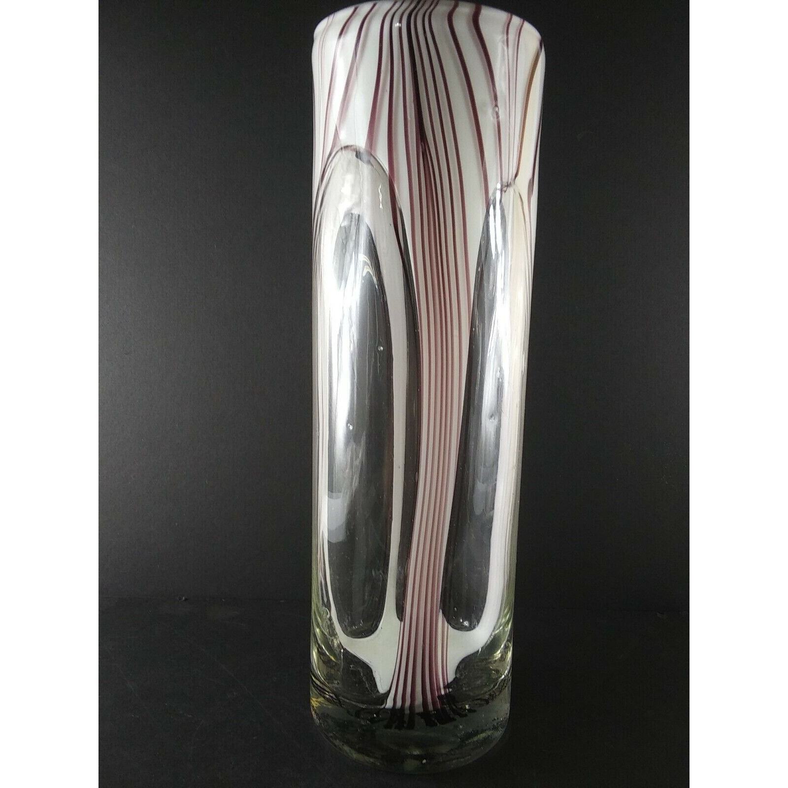 Art Glass Hand Blown Glass Clear White Burgundy Purple Candy Stripe 13 5/8\