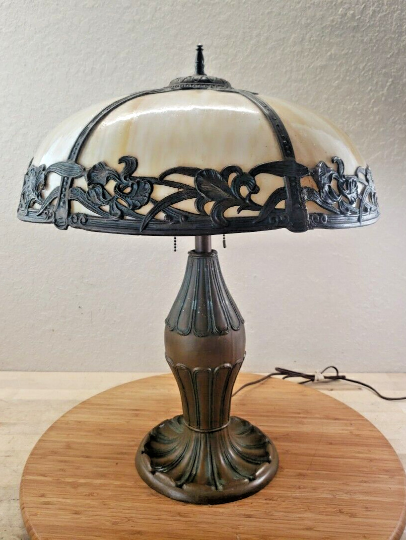 Large Detailed Art Nouveau Slag Glass Lamp